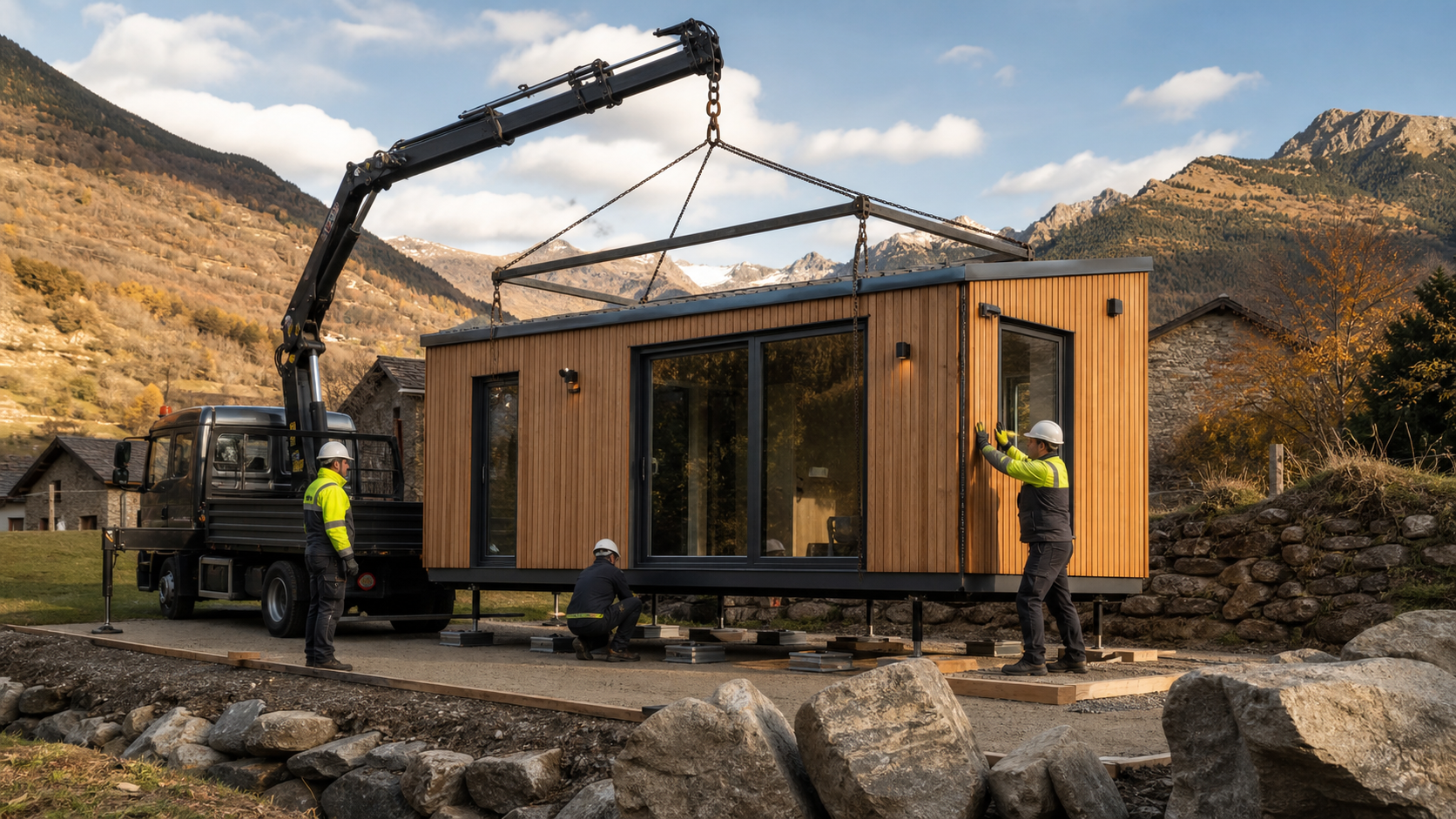 Equipo especializado instalando una Tiny House en su ubicación definitiva